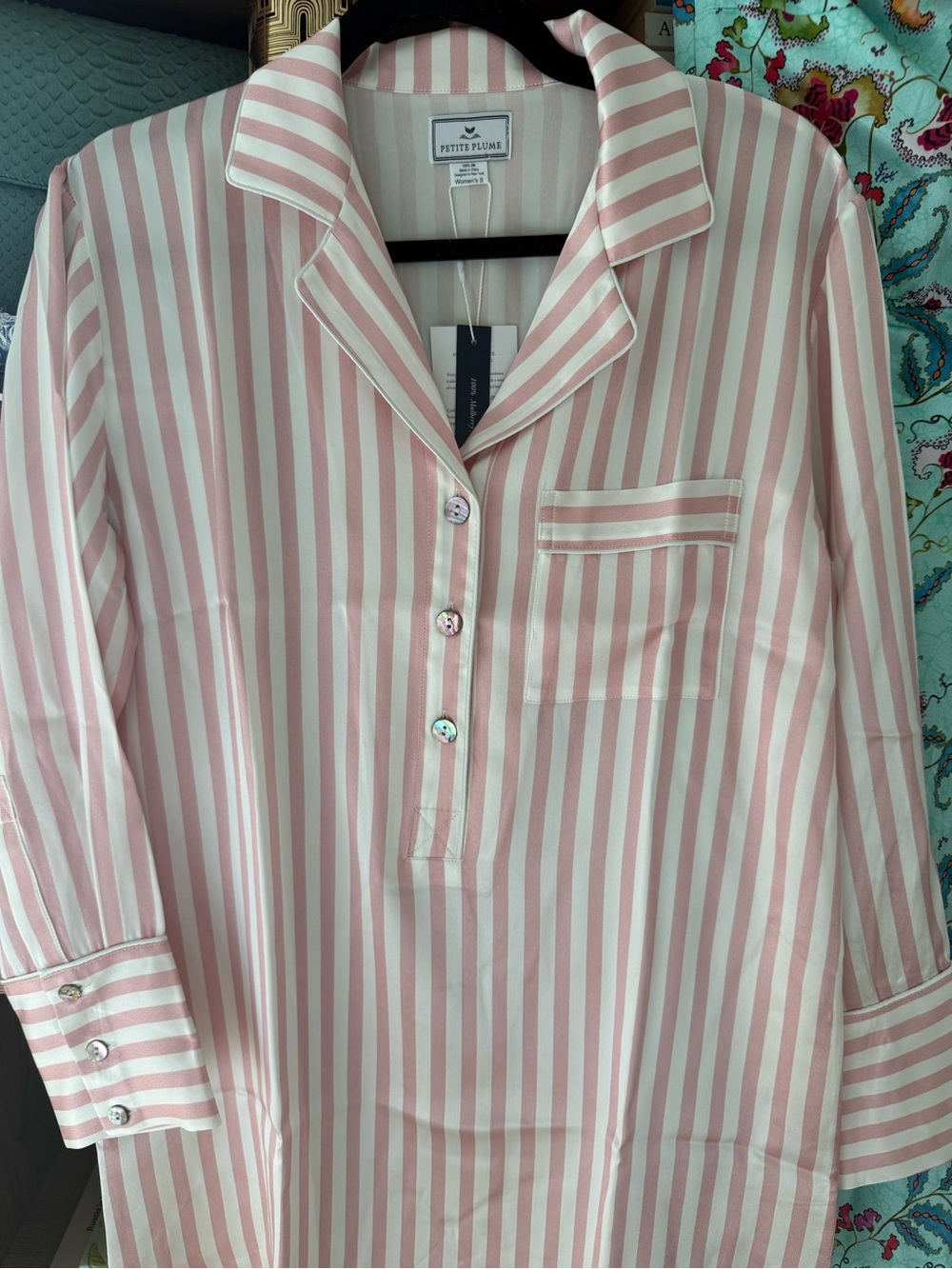 Petite Plume Silk Nightshirt Pink Stripe S Small NWT - Picture 3 of 3